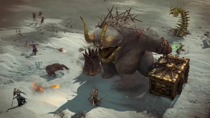 Diablo IV oyununda büyük bir canavarla karşılaşan karakterler