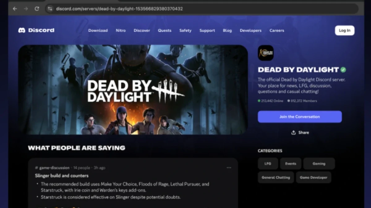Discord sunucu keşif sayfasında Dead by Daylight topluluğu ve sunucu bilgileri