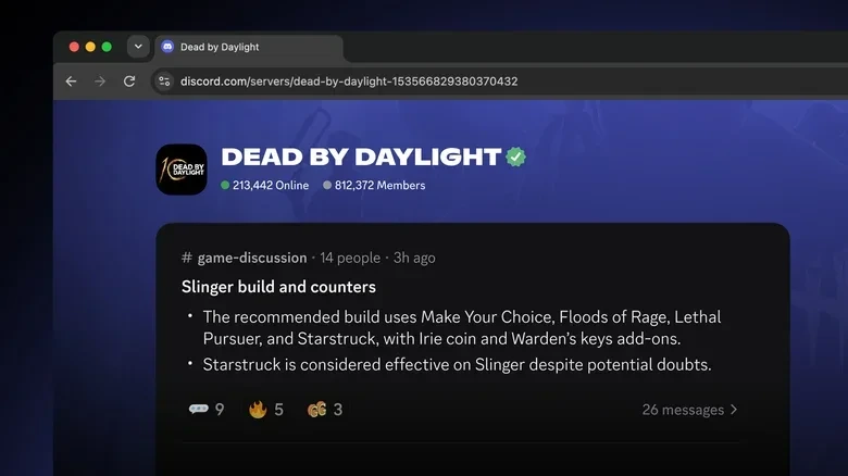 Dead by Daylight Discord sunucusunun web sayfasında oyun tartışması ve sunucu bilgileri