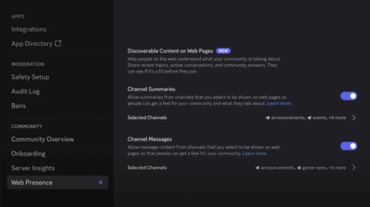 Discord ayarlarında Web Presence sayfası; kanal özetleri ve kanal mesajları için açık durumdaki kontroller
