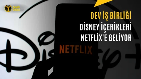 Disney ve Netflix içerik anlaşmasını duyuran görselde Disney+ ve Netflix logoları ile Disney içeriklerinin Netflix’e geleceği yazıyor.