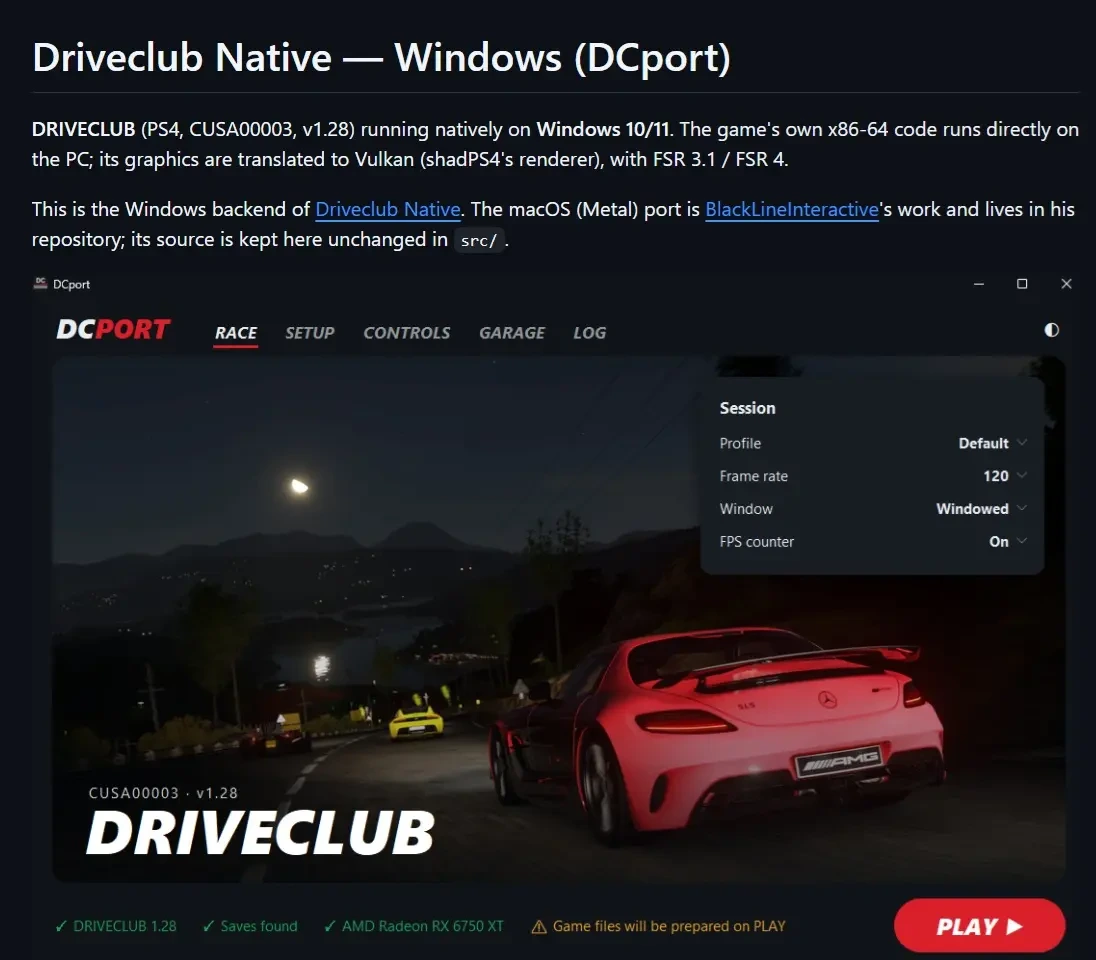 DCport arayüzünde Driveclub yarış sahnesi ve Windows sürümüne ilişkin bilgiler.