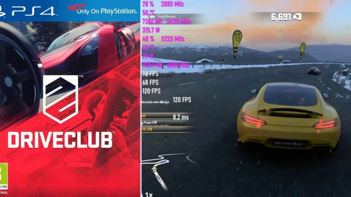 Driveclub PS4 kapak görseli ile PC’de oynanış ve performans göstergelerini yan yana gösteren görsel