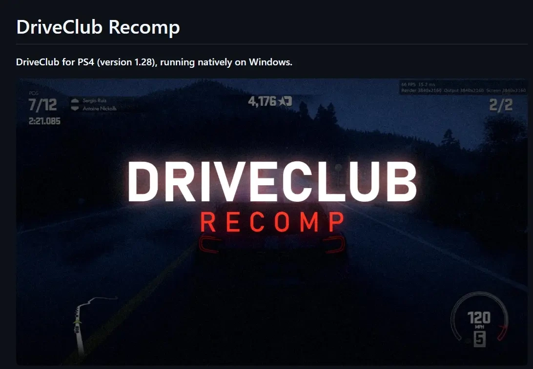 DriveClub Recomp başlıklı ekranda, oyunun Windows üzerinde yerel çalıştığını belirten arayüz.