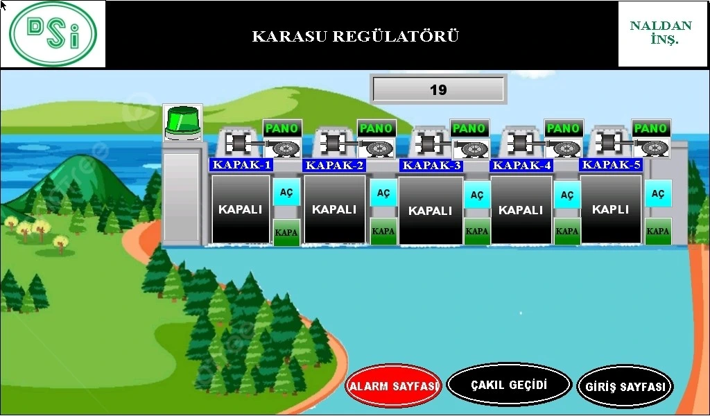 DSİ Karasu Regülatörü için beş kapağın durumunu gösteren kontrol paneli