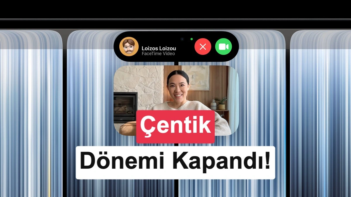 Görüntülü arama arayüzünde Dynamic Island özelliği ve “Çentik Dönemi Kapandı!” yazısı