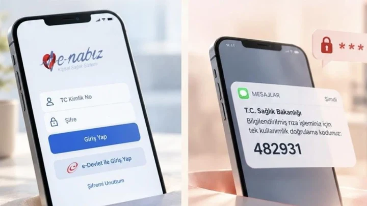 e-Nabız giriş ekranı görünen telefon ve SMS ile gönderilen tek kullanımlık doğrulama kodu