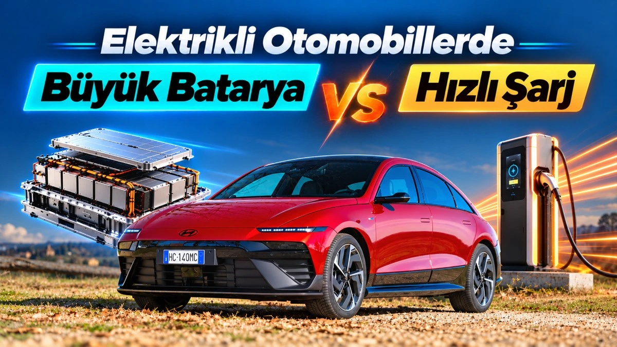 Büyük batarya ve hızlı şarj seçeneklerini karşılaştıran elektrikli otomobil görseli