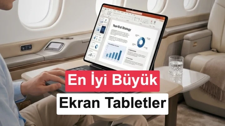 Uçak kabinindeki masada açık duran tablet ve ekranda sunum