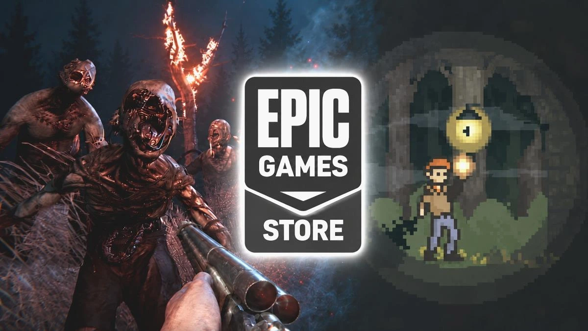 Epic Games Store logosu, Sker Ritual’daki düşmanları ve Home - A Unique Horror Adventure’dan piksel grafikli bir sahneyi temsil eden görseller arasında
