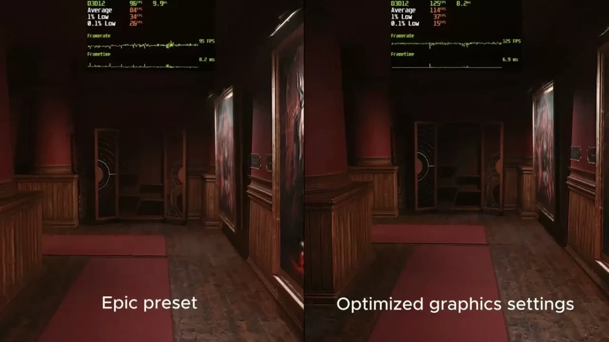 Bir oyunun Epic grafik ön ayarı ile optimize edilmiş grafik ayarlarında karşılaştırmalı performans görünümü