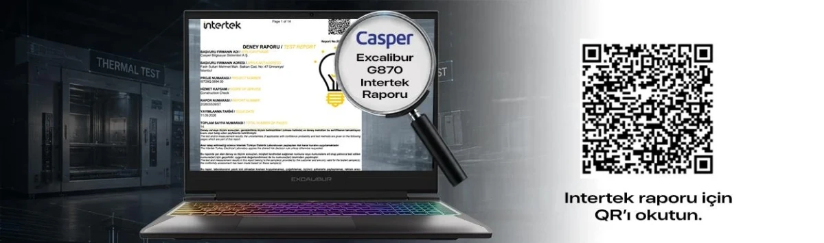 Casper Excalibur G870 Intertek test raporunu ve QR kodunu gösteren görsel