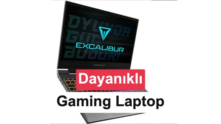 Casper Excalibur G870 oyun laptopu, ekranda Dayanıklı Gaming Laptop yazısıyla