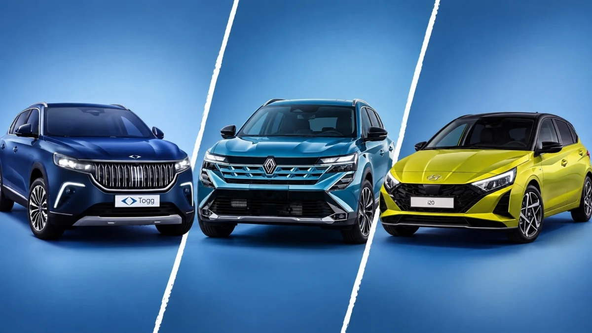 TOGG, Volkswagen ve Nissan marka otomobiller mavi fonda yan yana gösteriliyor