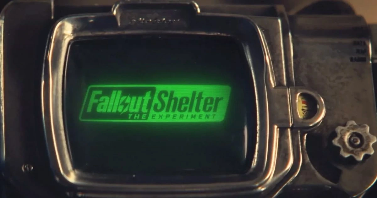 Fallout Shelter: The Experiment logosu, metal bir cihazın ekranında yeşil renkte görülüyor.