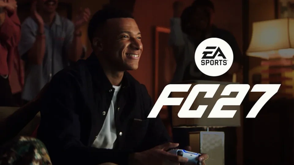 FC 27 tanıtım görselinde oyuncu elinde kontrolcüyle oturuyor; yanında EA Sports ve FC 27 logoları yer alıyor.