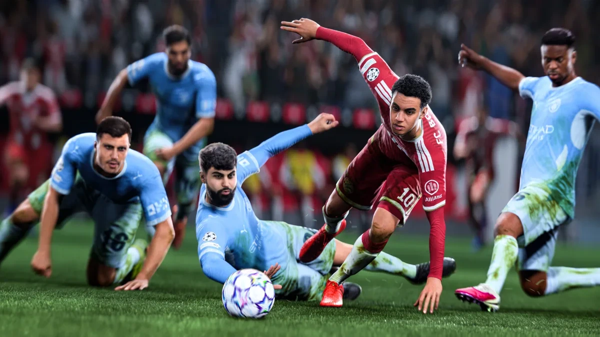 FC 27 oyununda kırmızı formalı futbolcu, mavi formalı rakiplerinin arasından topla ilerliyor