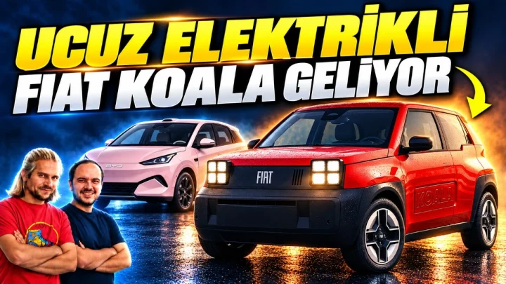 Fiat Koala haberi için hazırlanan kapak görselinde kırmızı ve pembe otomobil görselleri ile iki sunucu yer alıyor.