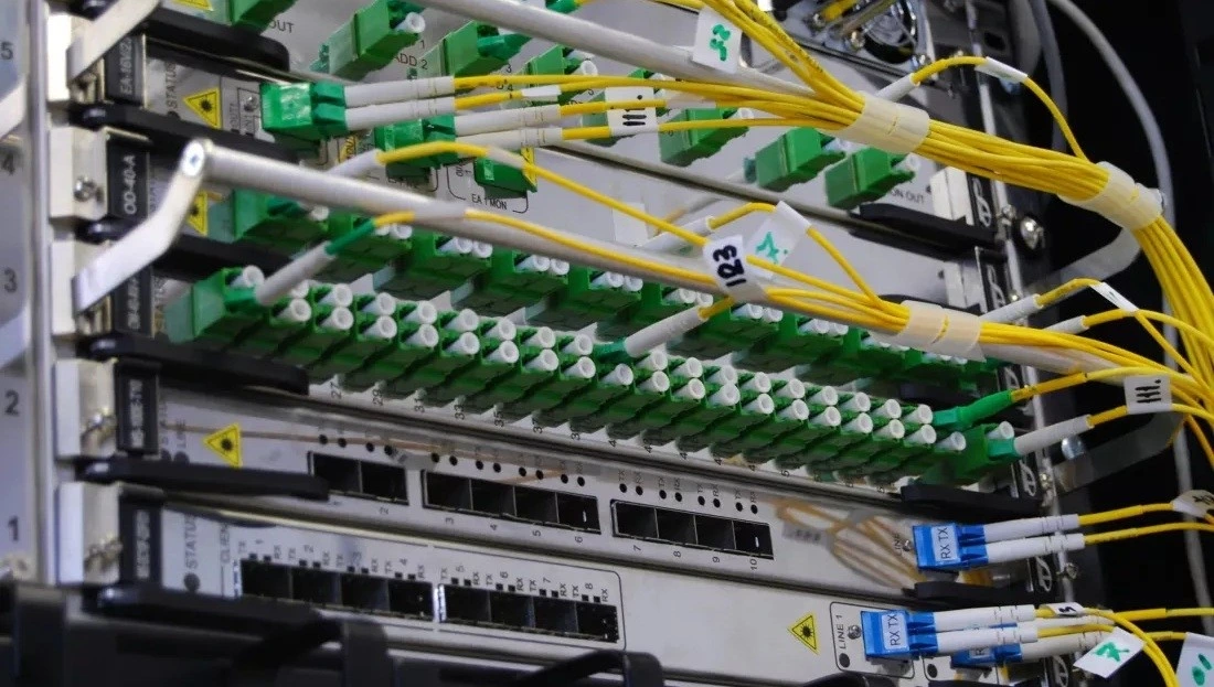 Çok sayıda fiber kablonun bağlandığı ağ ekipmanı