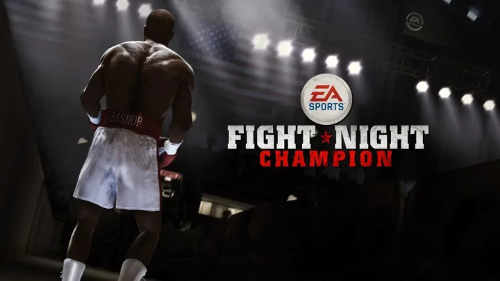 Fight Night Champion oyun logosu ve ringde sırtı dönük bir boksör