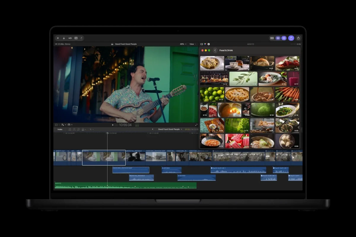 Final Cut Pro arayüzünde video zaman çizelgesi ve içerik kütüphanesi