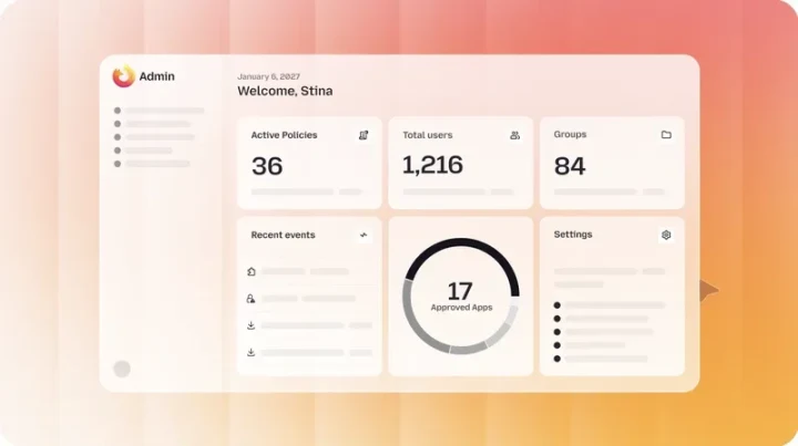 Firefox Enterprise için kurumsal yönetim panelini gösteren arayüz görseli