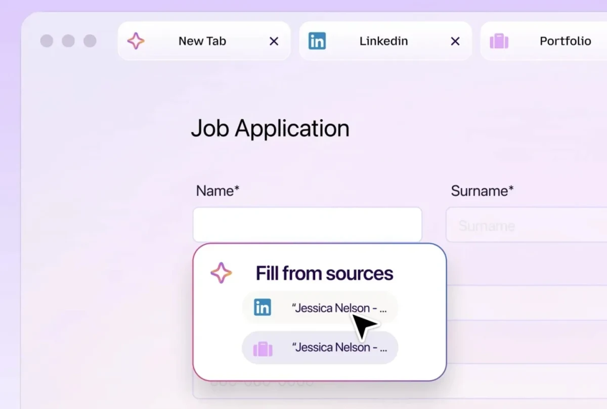 Firefox Smart Window’un açık LinkedIn ve portföy sekmelerinden iş başvurusu formuna bilgi önerdiğini gösteren ekran görseli
