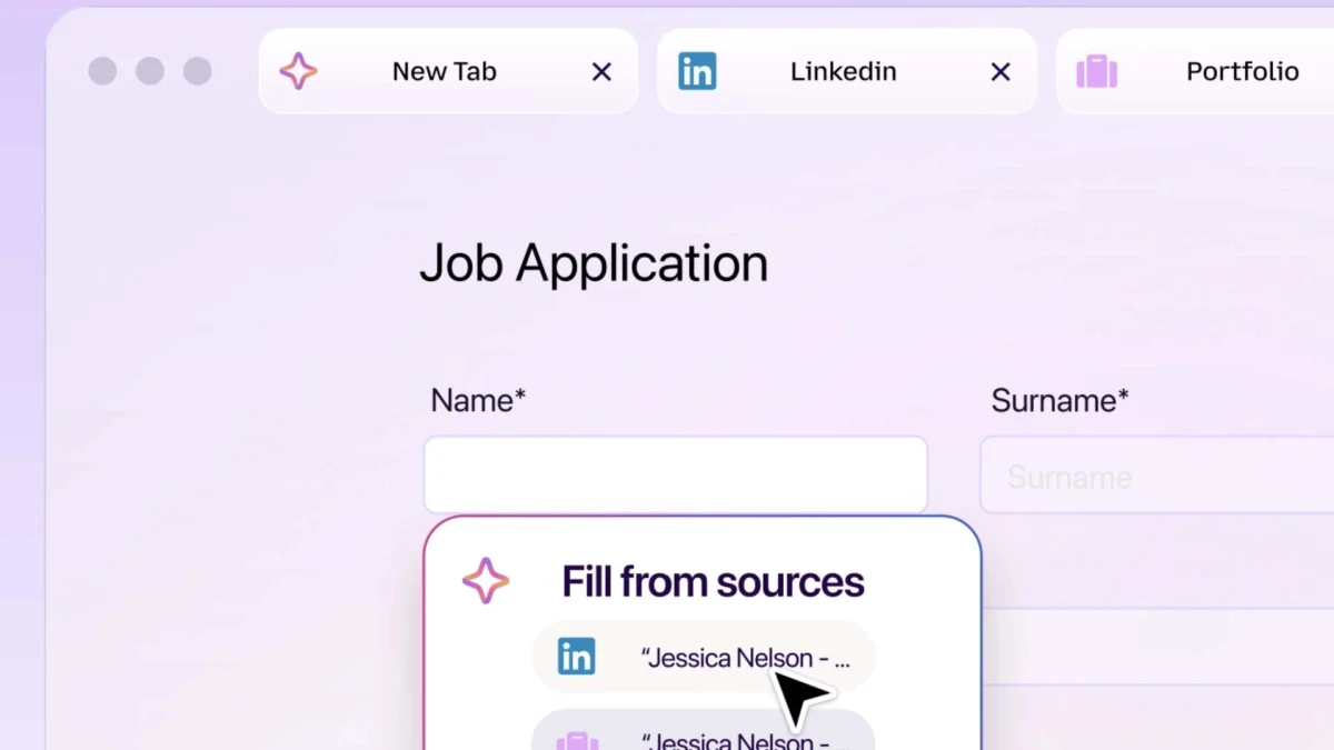 Firefox Smart Window’da LinkedIn ve portfolyo sekmelerinden yararlanılarak iş başvuru formunun doldurulmasını gösteren tanıtım görseli