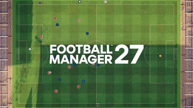 Football Manager 27 logosu, futbol sahası görselinin üzerinde yer alıyor