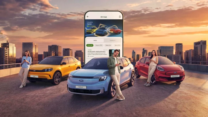 Ford EV Club tanıtım görselinde uygulama ekranı ve farklı renklerde elektrikli araçlar
