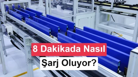 Üretim hattında sıralanmış mavi batarya hücreleri ve 8 dakikada şarjı anlatan yazı
