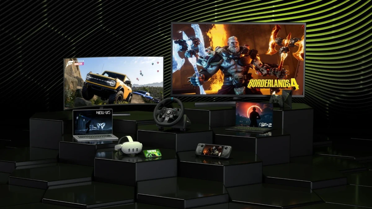 Çeşitli oyunların ekranlarını ve oyun cihazlarını gösteren GeForce NOW tanıtım görseli
