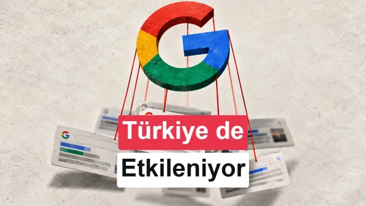 Google logosu ve arama sonuçları, görselde Türkiye’nin de etkilendiği vurgulanıyor