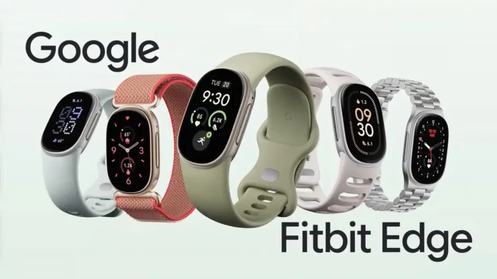 Farklı renk ve kayış seçenekleriyle gösterilen Google Fitbit Edge cihazları