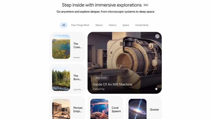 Gemini içindeki Immersive Explorations arayüzünde MRI cihazı ve farklı keşif konuları gösteriliyor