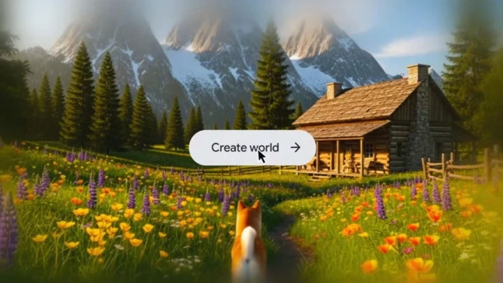 Dağlık bir ortamda ahşap kulübenin önünde açan çiçekler ve ekranda “Create world” düğmesi