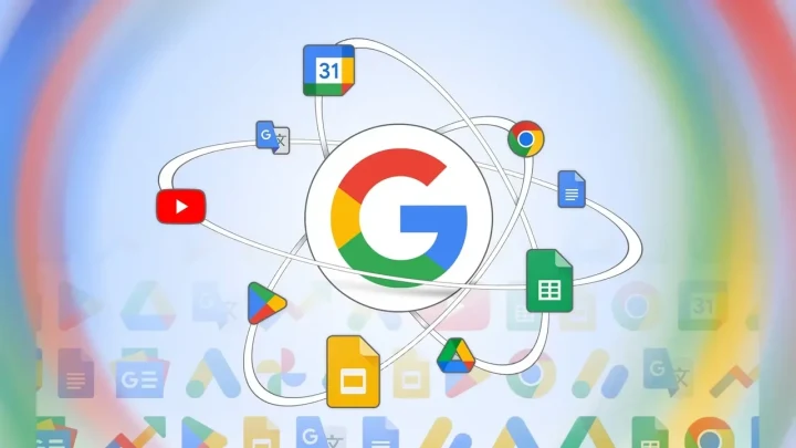 Google logosu çevresinde Google hizmetlerinin simgeleri