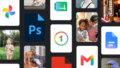Google Fotoğraflar, Drive, Gmail ve diğer Google hizmetlerinin simgelerinden oluşan görsel