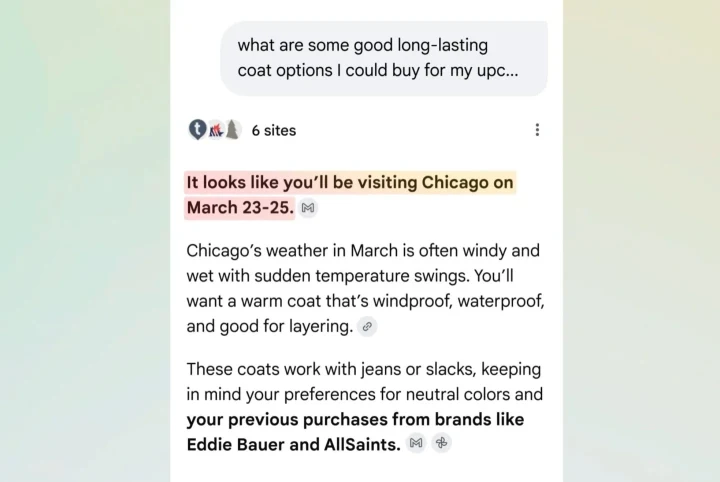 Arama ekranında Chicago seyahati için hava durumu ve mont önerileri gösteriliyor