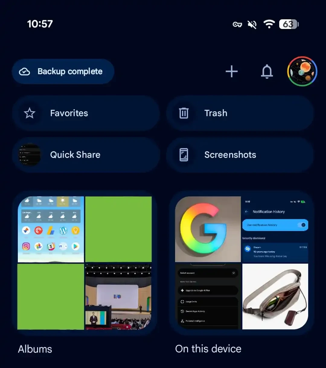 Google Photos ekranında Favoriler, Çöp Kutusu, Ekran Görüntüleri ve Albümler koleksiyonları