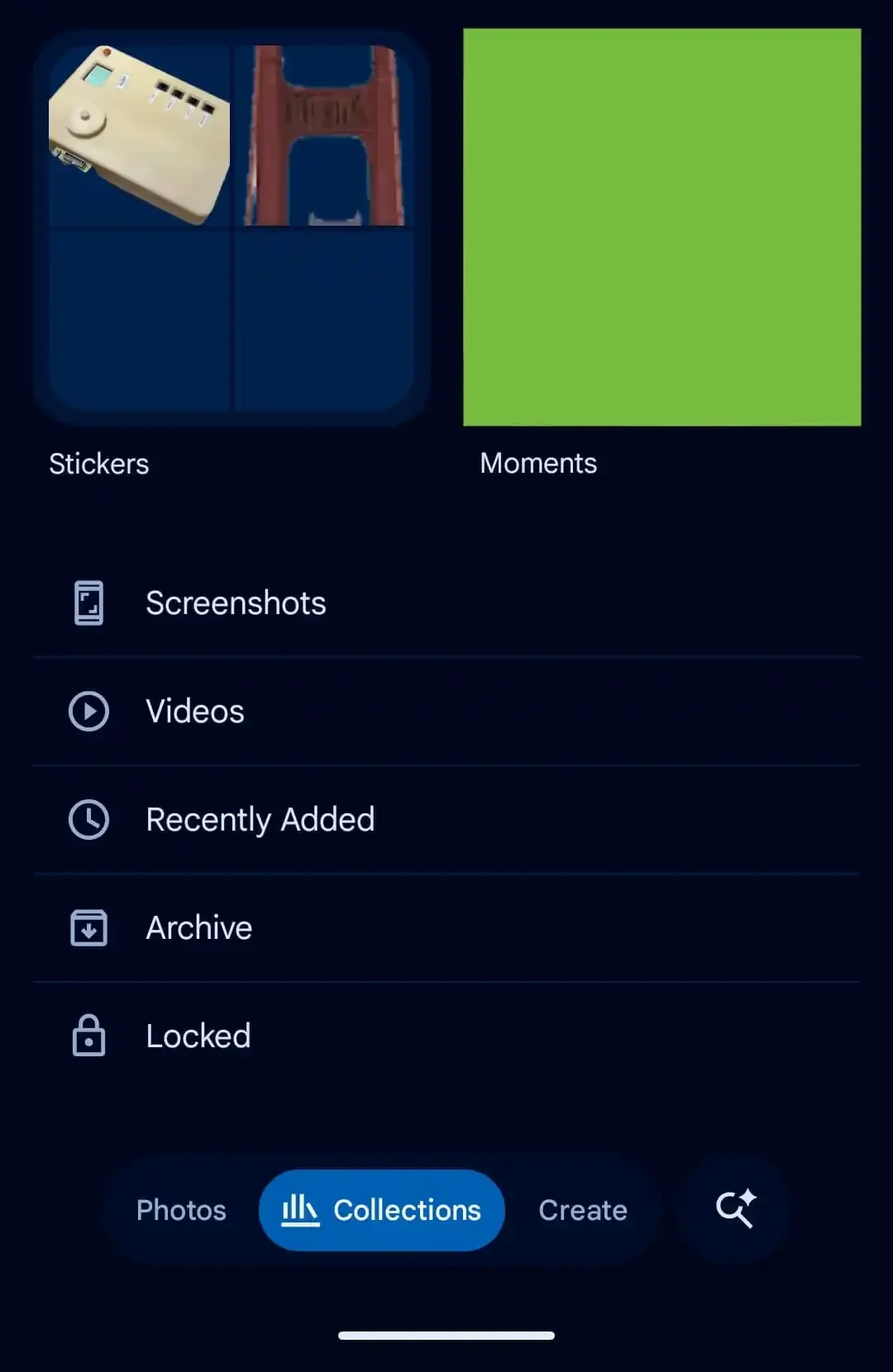Google Photos Koleksiyonlar sekmesinde çıkartmalar ve koleksiyonların liste görünümü