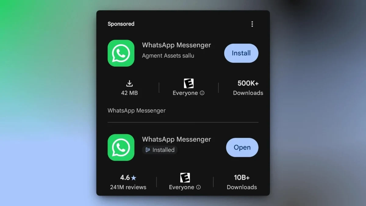 Google Play arama sonuçlarında sponsorlu WhatsApp Messenger listesi, 500 binden fazla indirme bilgisiyle resmi uygulamanın üzerinde gösteriliyor.
