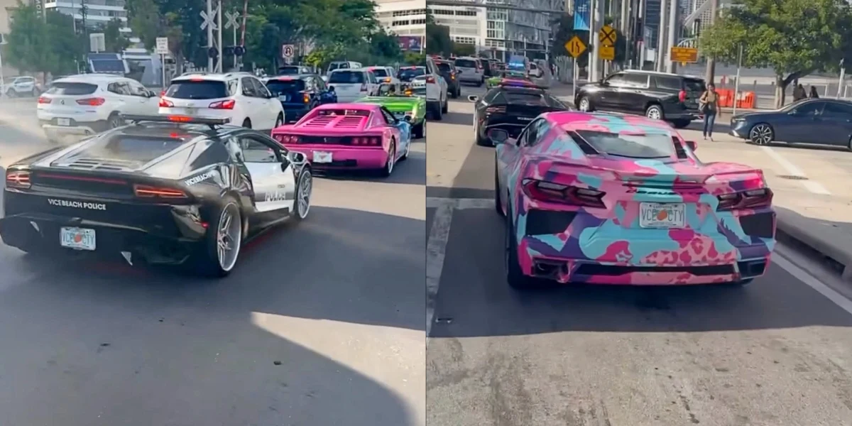 Miami’de trafikte ilerleyen GTA 6 temalı otomobil konvoyu