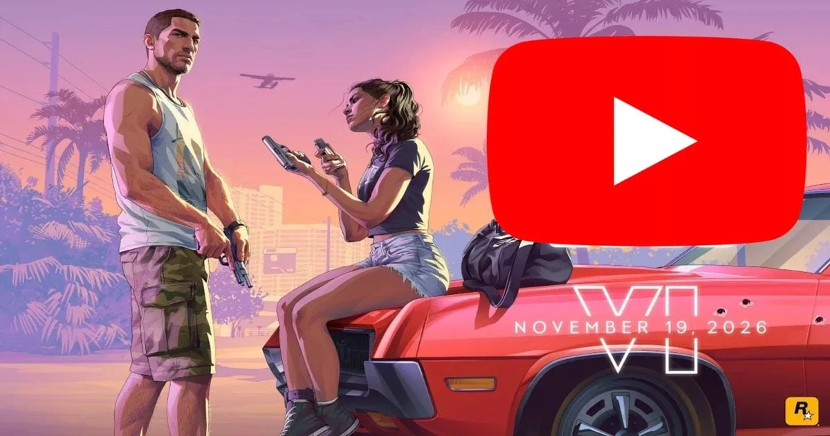 GTA 6 fragman görselinde kırmızı bir otomobilin yanında iki karakter ve video oynatma simgesi