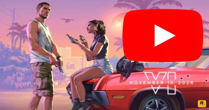 GTA 6 fragman görselinde kırmızı bir otomobilin yanında iki karakter ve video oynatma simgesi