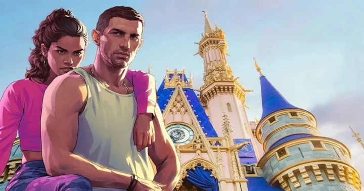 GTA 6 karakterleri ve Disney World’ü andıran masalsı bir kale illüstrasyonu