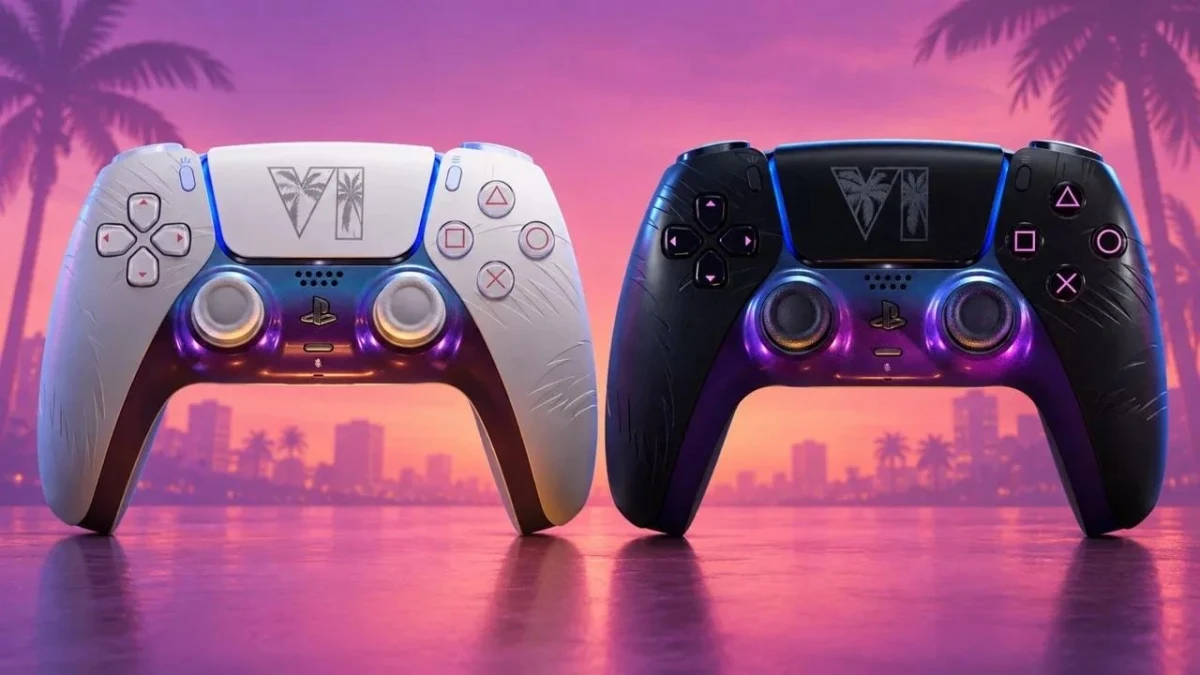 Neon renkli arka plan önünde yan yana duran beyaz ve siyah GTA 6 DualSense kontrolcüleri