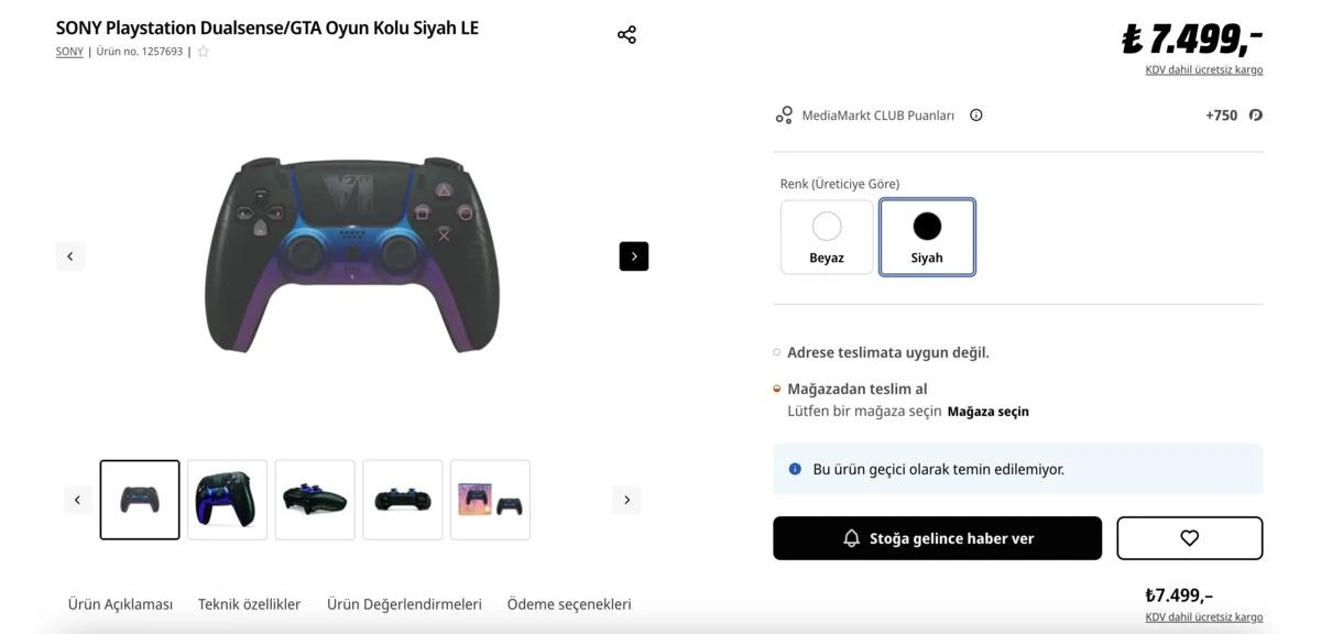 MediaMarkt ürün sayfasında 7.499 TL fiyatla listelenen GTA 6 temalı siyah DualSense