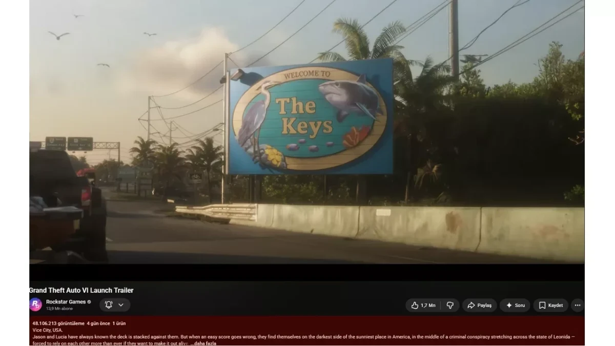 GTA 6 fragmanından yol kenarındaki The Keys tabelasını gösteren ekran görüntüsü