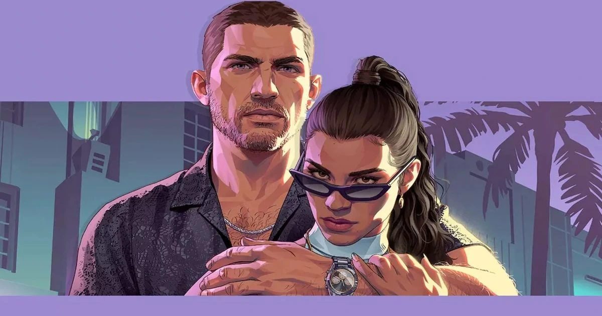 GTA 6 görselinde bir erkek ve kadın karakter önde, şehir silüeti arka planda görülüyor.